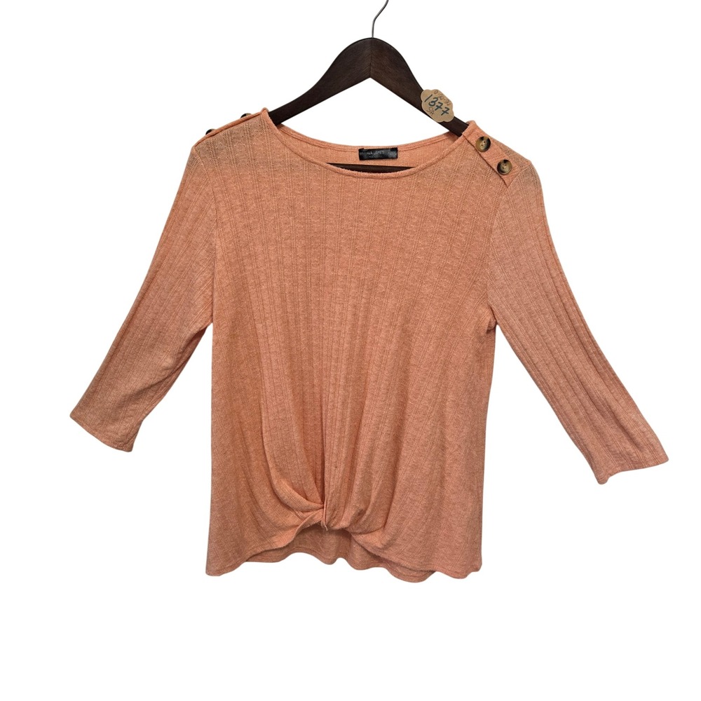 Ava James Peach Ribbed Twist Front 3/4 Sleeve Button Shoulder Top Medium AV3214B